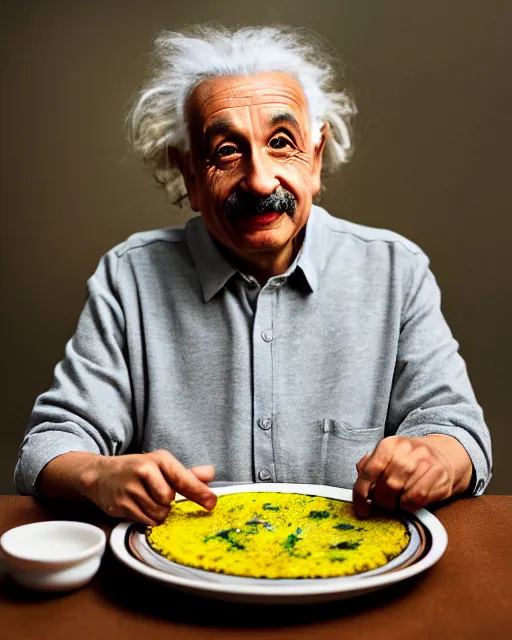 Image similar to a portrait of albert einstein sitting at the dining table with a plate containing dhokla in front of him, highly detailed, trending on artstation, bokeh, 9 0 mm, f / 1. 4