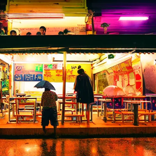 Prompt: A rainy night outside a Singaporean hawker centre with neon lights, award-winning photography, cinematic lighting