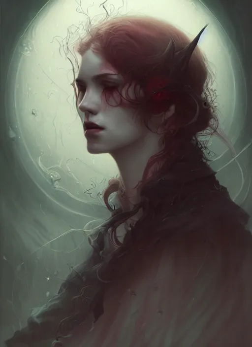 Prompt: portrait of a vampire ; by james jean, charlie bowater, tom bagshaw, nikolay makovsky, melanie delon : : scary, dark, lovecraft, portrait, character design, illustration, hyperrealism, photorealism, digital art, concept art, fantasy, weta, wlop