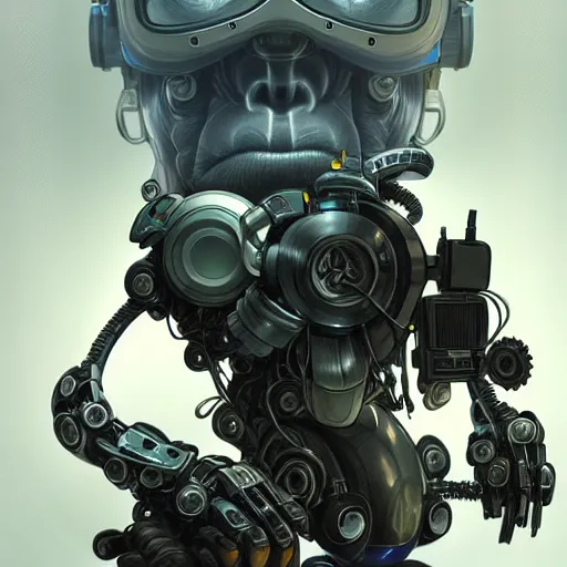 Prompt: portrait of medical paramedic gorilla mech,wires,gadgets,cables,lenses,gears,led displays,UI intricate, elegant, highly detailed, digital painting, artstation, concept art, smooth, sharp focus, illustration, art by artgerm and greg rutkowski and alphonse mucha