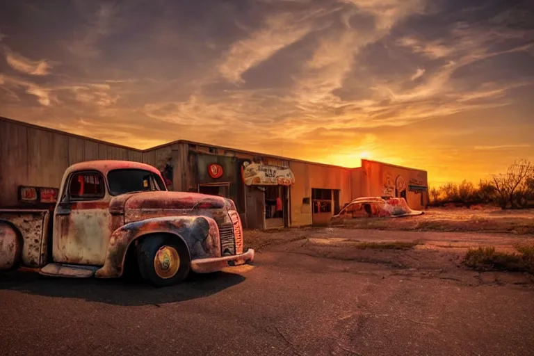 Image similar to a sunset light landscape with historical route 6 6, lots of sparkling details and sun ray ’ s, blinding backlight, smoke, volumetric lighting, colorful, octane, 3 5 mm, abandoned gas station, old rusty pickup - truck, beautiful epic colored reflections, very colorful heavenly, softlight