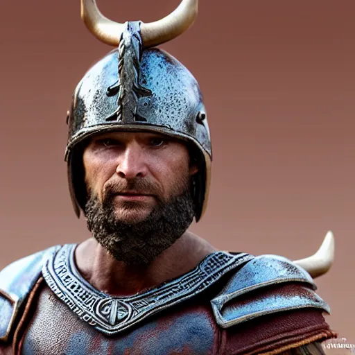 Image similar to of a 3d clay model of a viking from valhalla, wearing the horned helmet ultra fine detail, hair strands, ultra high resolution, fine texture detail, miniature painting techniques, perfect proportions, marvel cinematic universe, eric bana