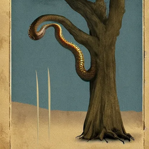 Prompt: by tony conrad, by christian schloe threatening, dismal. a digital art of a large, looming creature with a long, snake body. many large, sharp teeth, & eyes glow. wrapped around a large tree, bent under the weight. small figure in foreground, a sword, dwarfed by the size of the creature.