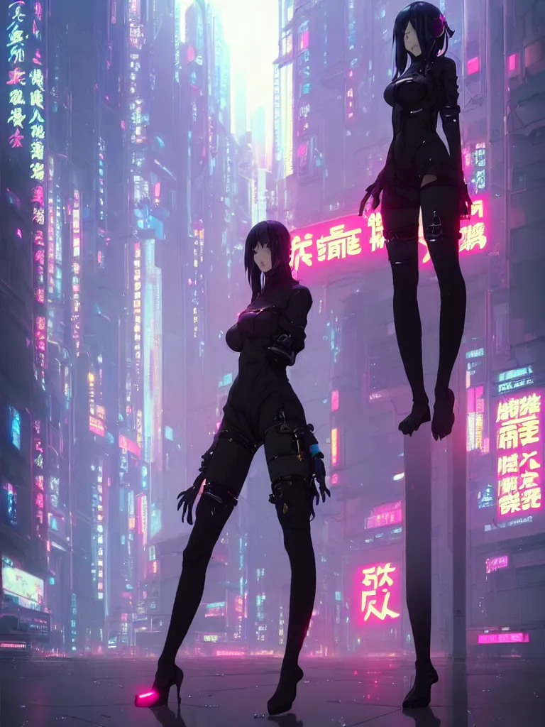 Image similar to Beautiful full body portrait of beautiful cyberpunk anime woman by Greg Rutkowski and Krenz Cushart and Pan_Ren_Wei and Hongkun_st and Bo Chen and Enze Fu and WLOP and Alex Chow, Madhouse Inc., anime style, crepuscular rays, set in rainy futuristic cyberpunk Tokyo street, dapped light, dark fantasy, feminine figure, smooth skin, gorgeous, pretty face, beautiful fashion model body, high detail, hyper realistic, cgsociety, trending on artstation