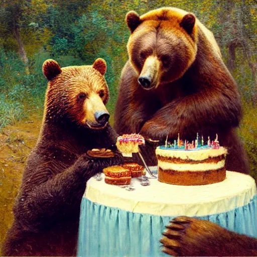 Image similar to polaroid photo of a bear eating cake at his 7 0's birthday at a zoo, highly detailed painting by gaston bussiere, craig mullins, j. c. leyendecker