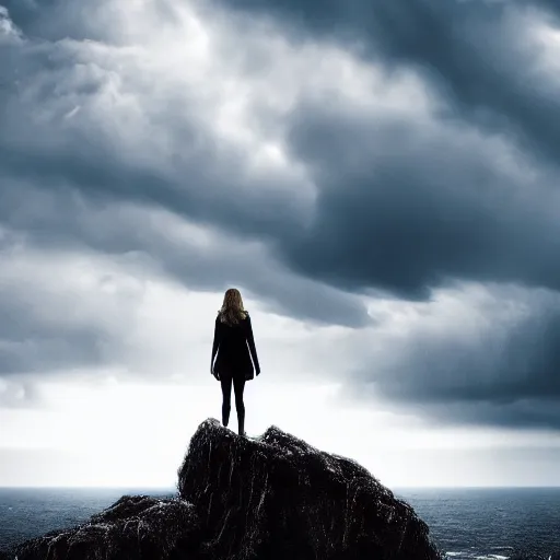 Image similar to Taylor Swift standing at the edge of a cliff, distant, stormy sky, concept art, 4k