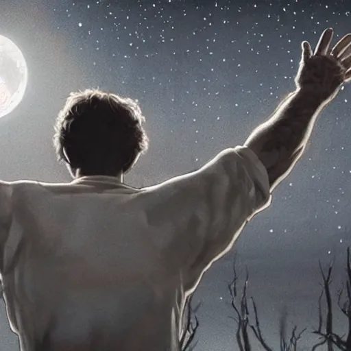 Prompt: the image of ted bundy with outstretched arms between the moon and the sun and a thousand stars ultra realistic, concept art, intricate details, serious, highly detailed, photorealistic, octane render, 8 k, unreal engine, art by todd mcfarlane and artgerm and greg rutkowski and alphonse mucha