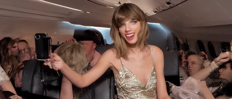 Image similar to Cinematography Taylor Swift Lauging and drinking champagne in her private jet by Emmanuel Lubezky