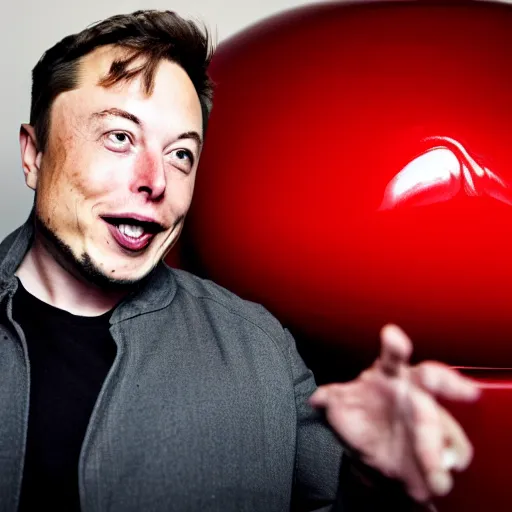 Prompt: portrait photo of elon musk finding a giant red mushroom, exhilarated, portrait, closeup. mouth open, 30mm, bokeh