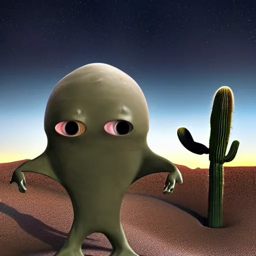 Prompt: a sad Roswell grey alien trying to repair his crashed burning spacecraft in the desert, crashed UFO, crashed Flying Saucer, cactus and rocks in the background, dusk, featured on zbrush central, hurufiyya, zbrush, polycount, airbrush art