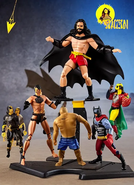 Image similar to Jesus vs the Batman in the flying sandals of salvation action figures toy pack