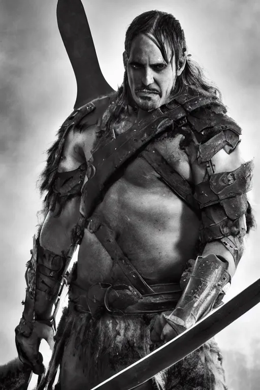 Prompt: Travis Willingham is a Goliath Barbarian, wielding a battleaxe, realistic cinematic shot, , subtle fog and mood lighting