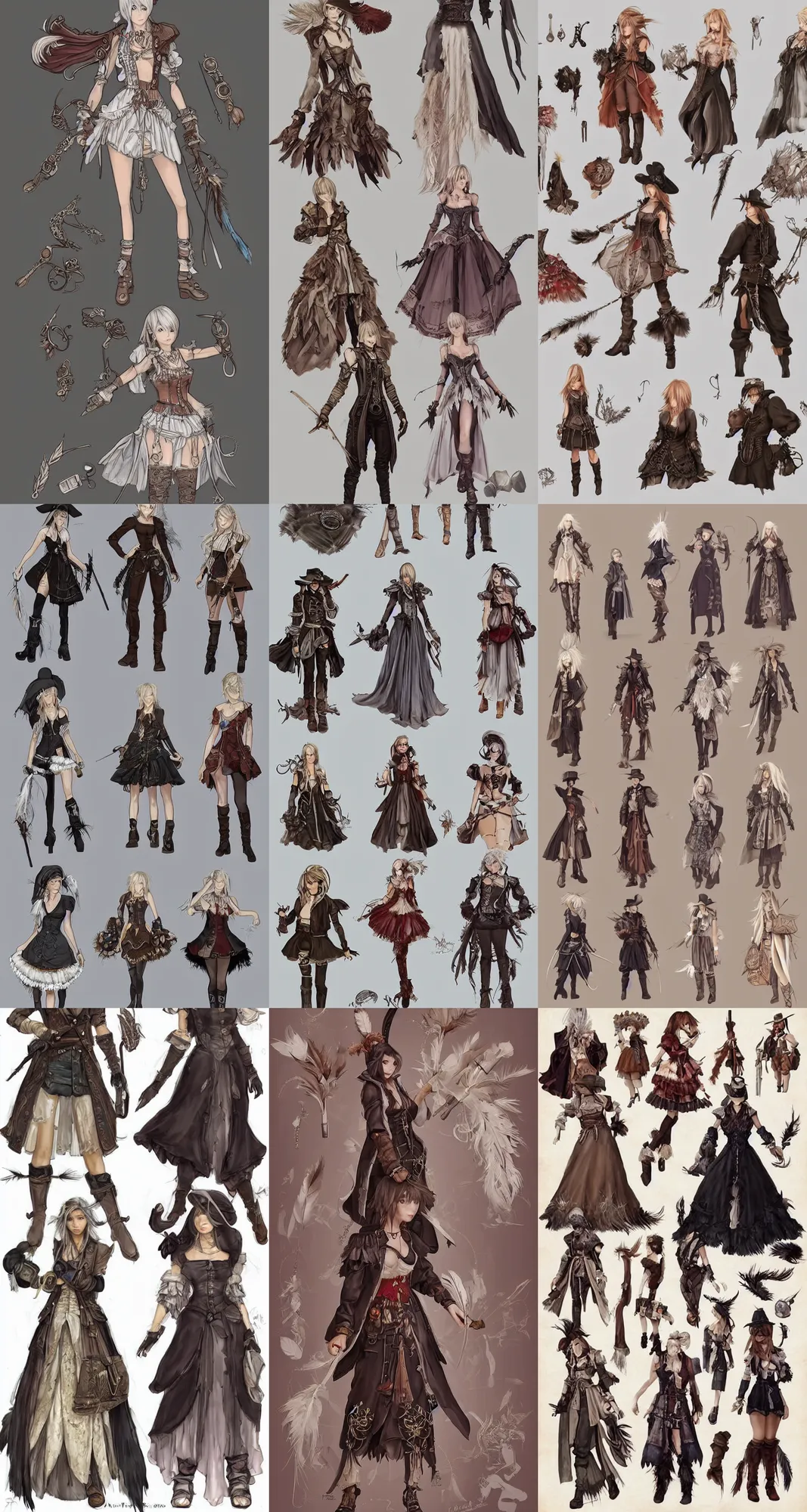 Prompt: Character concept fashion spot illustrations of Final Fantasy 9 and Westworld and 1600s mashup, settler garb, vests, corsets, color theory, color triads, full-body, bloom, dynamic poses, diaphanous cloth, ornate crystalline and feather jewelry, ornate, filigree, arcane, cinematic lighting, by Artgerm, by Alphonse Mucha, by Bouguereau, by Sakimichan, fantasy, portfolio illustration, highly detailed, trending on Artstation, CGsociety, HQ, 8k, 35mm lens, f2.8, Bokeh,
