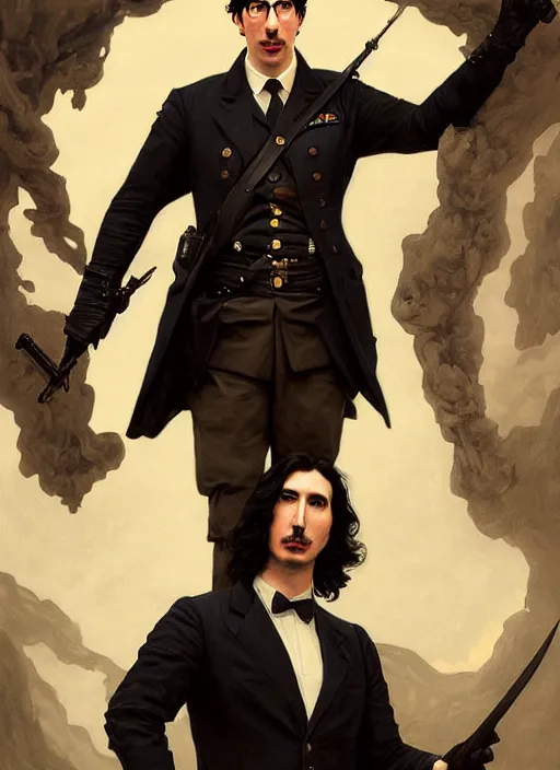 Image similar to painting of both john oliver and adam driver together, john oliver in front, full body, military uniform, fantasy, elegant, beautiful, highly detailed, centered, dark, smokey, digital painting, concept art, smooth, sharp focus, illustration, deviant art, art by artgerm, art by greg rutkowski, art by alphonse mucha