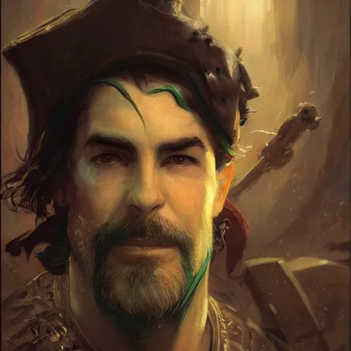 Prompt: well - groomed green - skinned bard, goatee, bald, thoughtful expression, gong, fantasy character portrait by greg rutkowski, gaston bussiere, craig mullins