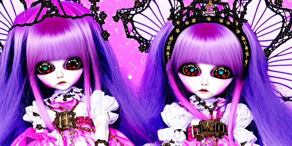 Image similar to baroque bedazzled gothic royalty frames surrounding a pixelsort emo demonic horrorcore japanese beautiful fairy kei doll, sharpened early computer graphics, remastered chromatic aberration