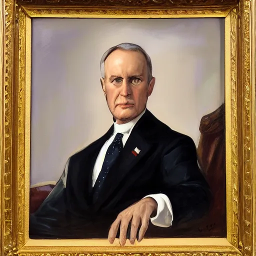 Prompt: president dnd tiefling, tiefling presidential portrait, oval office painting. official portrait, painting by gibbs - coolidge. oil on canvas, wet - on - wet technique, underpainting, grisaille, realistic. restored face.
