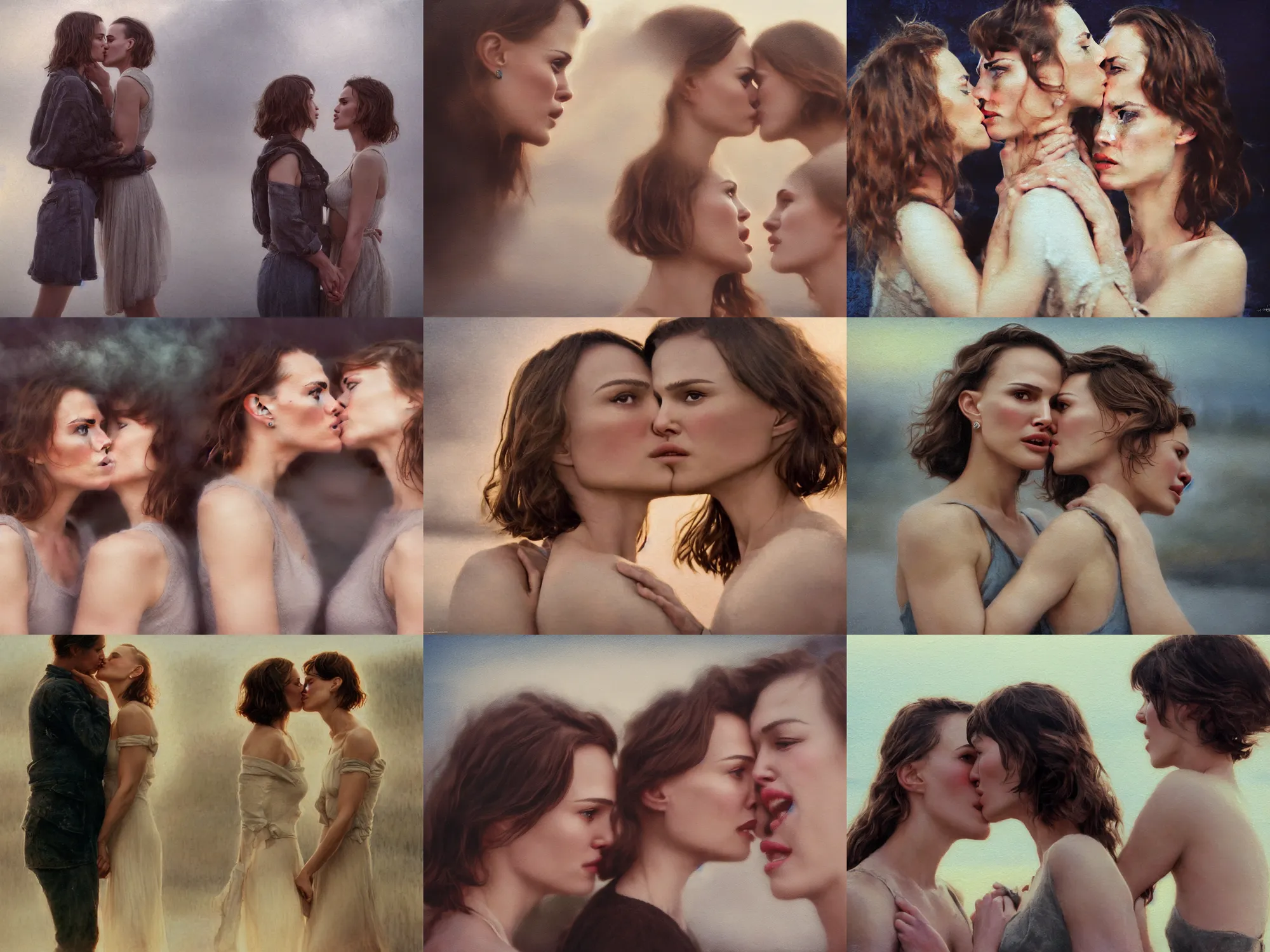 Prompt: cropped portrait photo of natalie portman + milla jovovich kissing, shipyard, dieselpunk, cottage core, cinematic focus, polaroid photo bleached vintage pastel colors high - key lighting, soft lights, foggy, by steve hanks, by lisa yuskavage, by serov valentin, by tarkovsky, 8 k render, detailed, oil on canvas