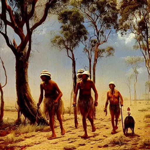 Prompt: Australian aborigines walking through the outback, a beautiful painting by ivan shishkin, matte painting