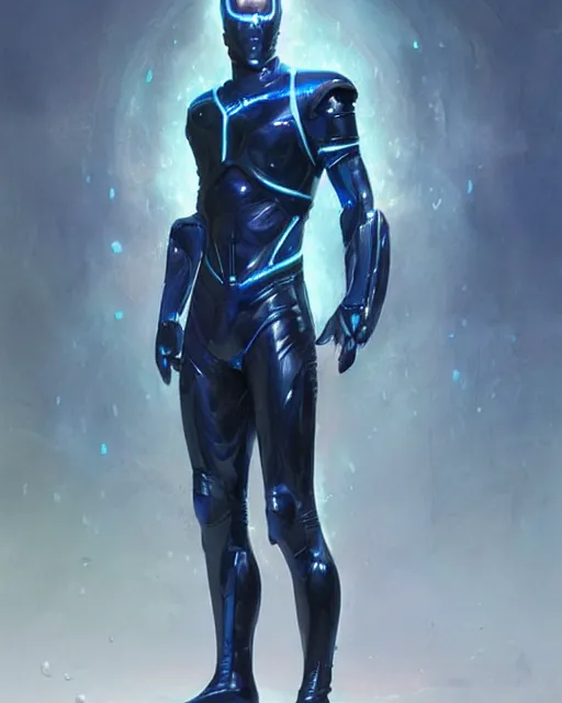 Prompt: character concept of iridescent sinewy smooth muscular male sleek glossy bluish black pearlescent scifi armor with smooth black featureless helmet, by greg rutkowski, mark brookes, jim burns, tom bagshaw, magali villeneuve, eve ventrue, trending on artstation