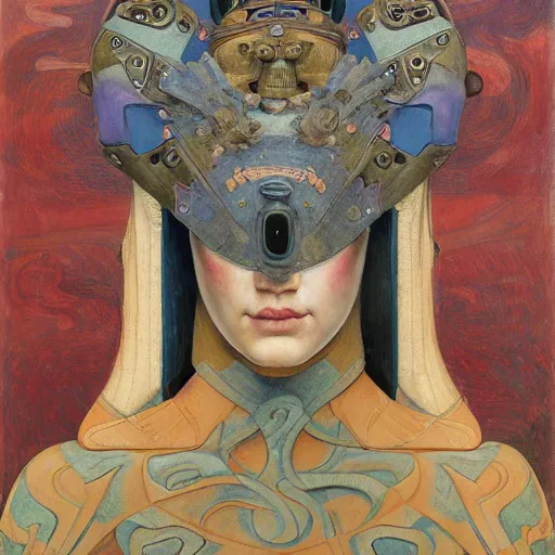Image similar to the robot queen wearing her bird mask, by annie swynnerton and diego rivera and elihu vedder and lucien freud and jean delville, symbolist, dramatic lighting, elaborate geometric ornament, head and shoulders view, art brut, soft cool colors, smooth, sharp focus, extremely detailed, adolf wolfli, leo and diane dillon, nicholas roerich