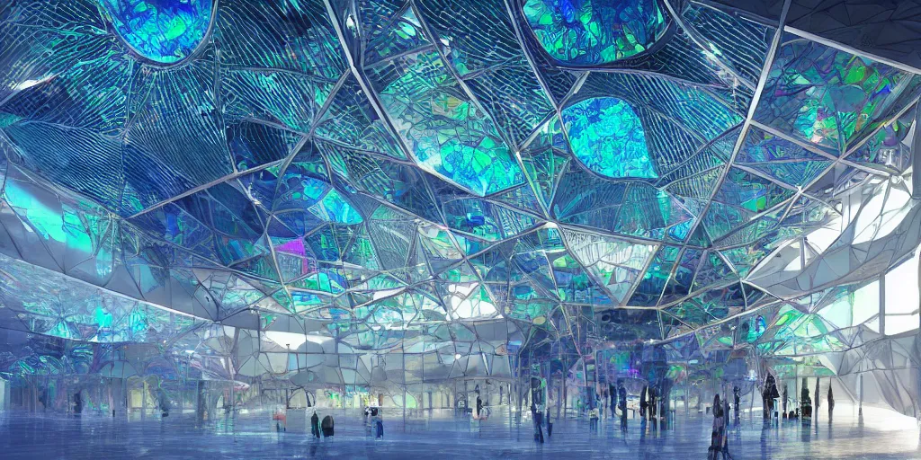 Prompt: futuristic translucent iridescent mosque hive power architecture by Buckminster Fuller and photo by Nick Hufton and Allan Crow , inspired by Mining by Risa lin on art station