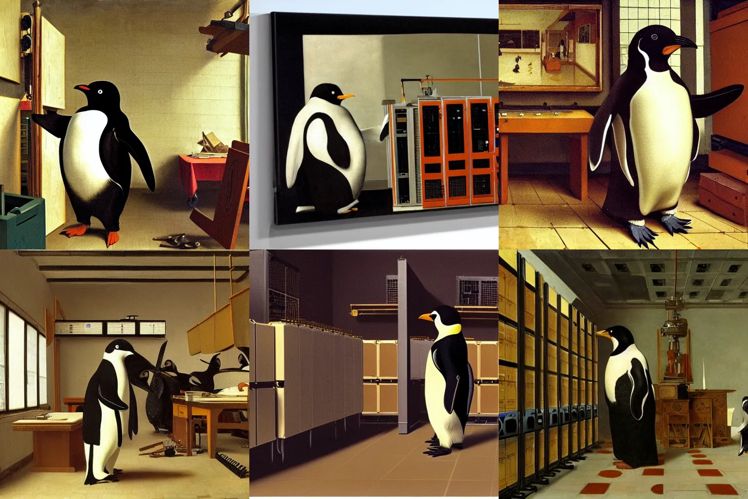 Prompt: linux tux penguin working in a data center holding a clipboard looking at racks of servers, painting by johannes vermeer