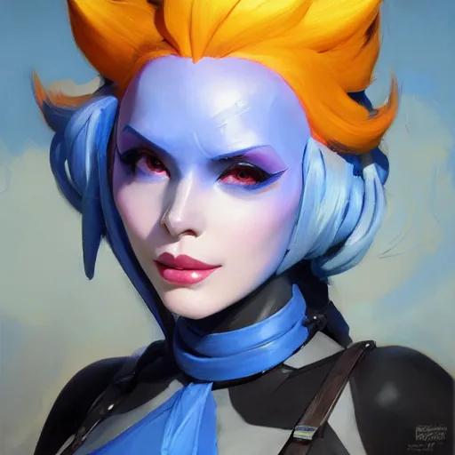 Image similar to greg manchess portrait painting of partially armored blue haired jinx from league of legends as overwatch character, medium shot, asymmetrical, profile picture, organic painting, sunny day, matte painting, bold shapes, hard edges, street art, trending on artstation, by huang guangjian, gil elvgren, ruan jia, greg rutkowski, gaston bussiere