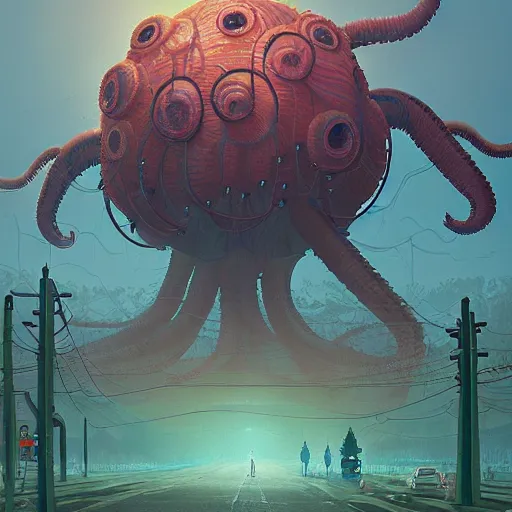 Prompt: giant eldritch horror, simon stalenhag