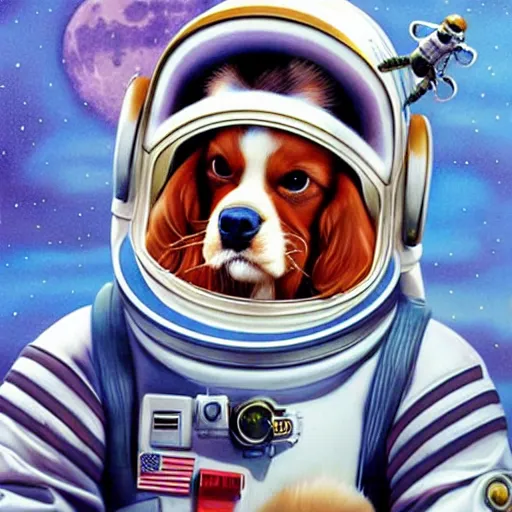Prompt: cavalier king charles spaniel, wearing an astronaut helmet, on the moon, art by artgerm and david a hardy