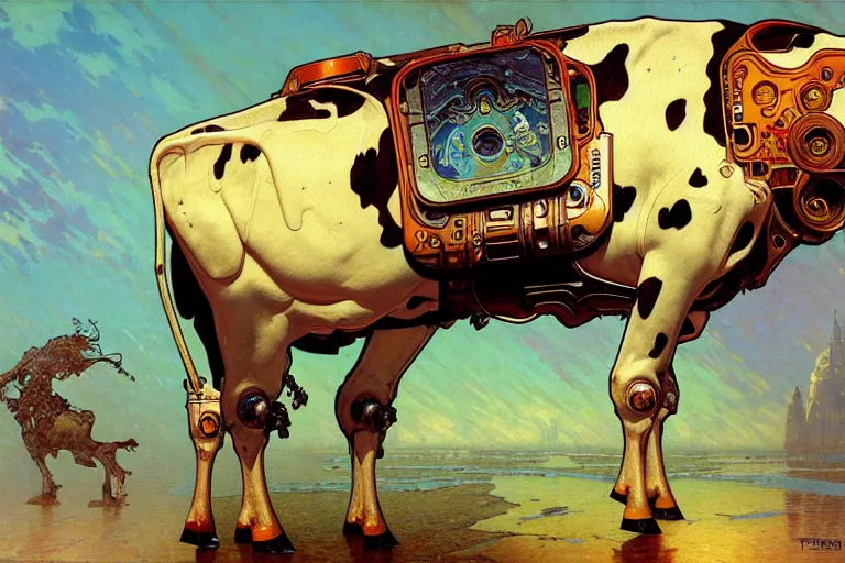 Prompt: cyborg cow, intricate, futuristic, fantasy, elegant, thomas kindkade, moebius, alphonse mucha, loish, norman rockwell,