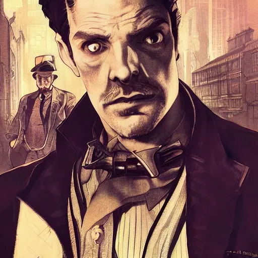 Image similar to [UHD Professor Moriarty as a GTA characters on the streets of futuristic steampunk London, correct faces, intricate, elegant, graphic detail, digital painting, trending on artstation, concept art, tonalism, sharp focus, illustration, art by Todd McFarlane and Greg Rutkowski and Alphonse Mucha]