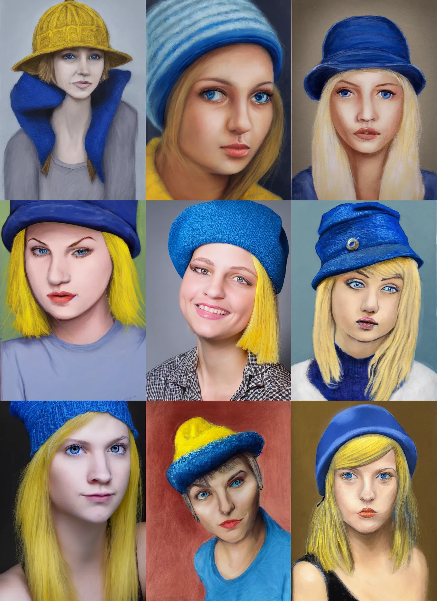 Prompt: portrait of a young lady with short yellow hair and nose ring, big brown eyes, photorealistic wearing a blue hat