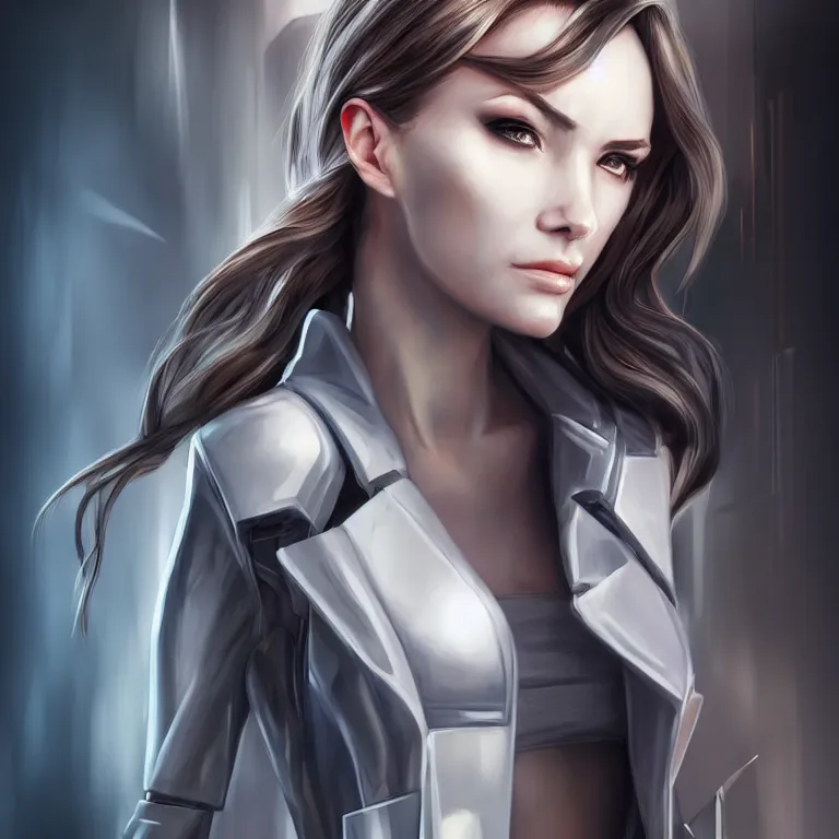 Image similar to photorealistic portrait of a beautiful half cyborg woman with a mischievous look, the half cyborg woman is wearing a long trench coat, in an underground parking garage, in the style of Artgerm and NeoArtCorE