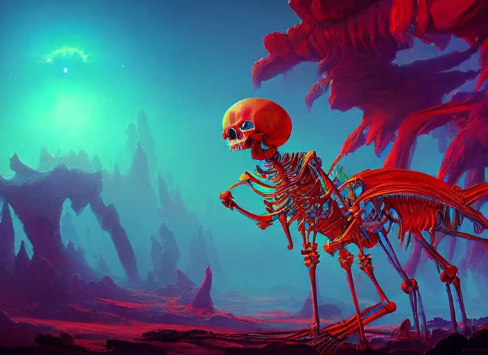 Prompt: A psychedelic su-monster thunderbeast skeleton , vibrant color scheme, highly detailed, in the style of romanticism, cinematic, artstation, Moebius, Greg rutkowski