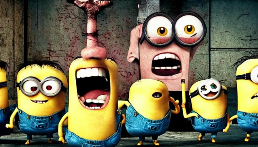 Image similar to fight club!!!!, fight club!!!! (((the minions))), movie still, directed by David fincher