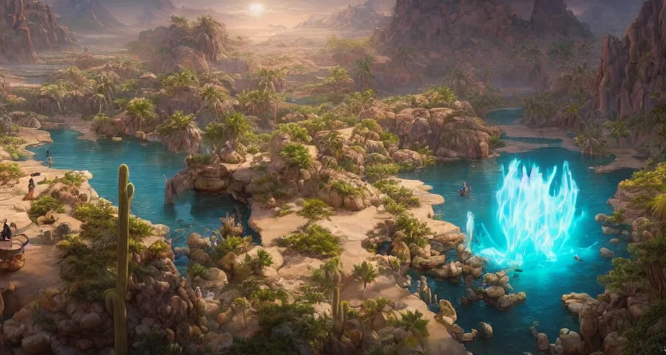 Image similar to a beautiful desert oasis!!!! with crystal clear water with a planet - sized humanoid monster!!!! looking down from the sky, by wlop and peter mohrbacher, extremely detailed shading, concept art, digital painting, trending on artstation, unreal engine 5, octane render, atmosphere, glow, cinematic lighting, full of color