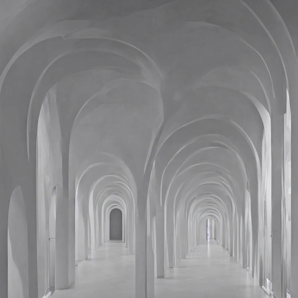 Prompt: photograph of a symmetrical arch hallway, shiny floor, concrete, pastel hues, minimalist, architecture magazine, dezeen, 50mm, pentax, film