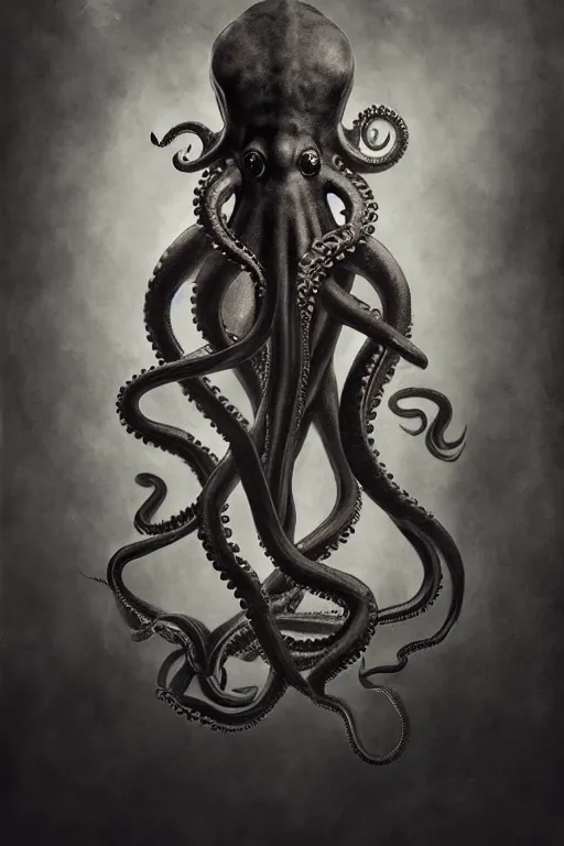 Image similar to wet plate photograph portrait of a victorian - era anthropomorphic octopus dressed in a victorian - era clothing, dramatic lighting, highly detailed, digital painting, artstation, concept art, smooth, sharp focus, illustration, art by wlop, mars ravelo and greg rutkowski