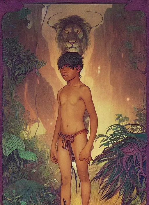 Prompt: portrait of a little epic warrior boy character with dark skin and a big lion with wings at his side in the middle of a lush forest at night. diffuse neon light, dramatic landscape, fantasy illustration, matte painting by mucha