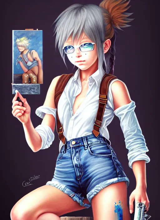 Image similar to a portrait of catgirl wearing white vest, and denim shorts an ultrafine detailed painting, detailed painting, detailed eyes!!, final fantasy