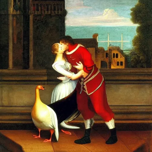 Image similar to goose romeo and juliet. geese, honk, stageplay beautiful painting renaissance.