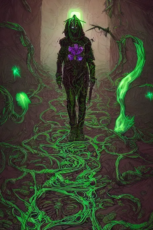 Image similar to spectral drifter, dark fantasy, flowers, pathway by josan gonzalez, black and green color scheme , horror, death, gore, guts, cgsociety