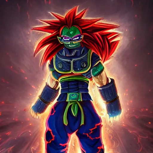 Image similar to a gorgeously defined character with long red hair and immensly glowing eyes, wearing saiyan armor with blue baggy pants, surrealism art, portrait!!, intricately detailed, 4 k quality