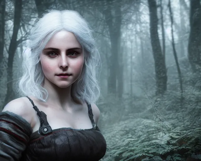 Image similar to 5 5 mm portrait photo of a real life ciri, in a magical forest. dark atmosphere. art by greg rutkowski. highly detailed 8 k. intricate. lifelike. soft light. nikon d 8 5 0.