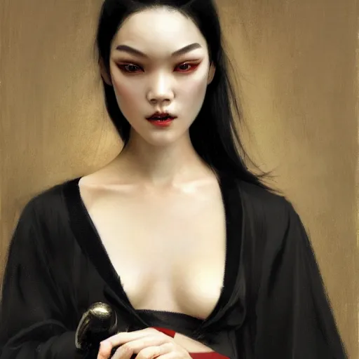 Image similar to detailed cinematic wide shot of beautiful attractive tao okamoto asian vampire woman wearing black bath robe slim face symettrical face clean skin black eyes black robe smooth, sharp focus, ultra realistic, spring light, painting by gaston bussiere, craig mullins, j. c. leyendecker