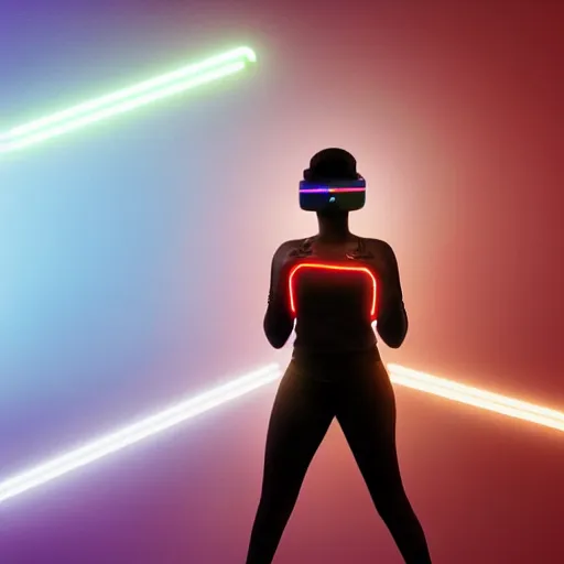 Prompt: dark skinned woman wearing futuristic vr headset neon lights ambient light unity game ultra - realistic