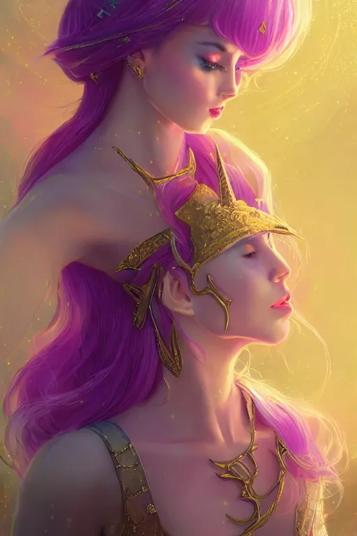 Prompt: beautiful princess Unicorn in gold and purple pink soft lighting, symmetrical portrait, high quality, cinematic by WLOP and Rossdraws, concept art of the character. Epic composition, hyperrealism, award-winning artwork, realistic hair, artstation trend, high quality printing, fine art with subtle redshift rendering