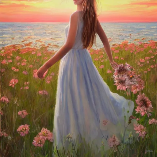 Prompt: an influencer girl portrait in long white dress, sunset, flowers, ocean in distance, oil painting, pale colors, high detail, 8 k, wide angle, trending on artstation,