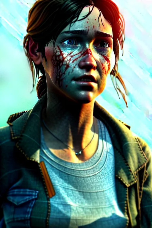Prompt: concept art by jama jurabaev, cel shaded, cinematic shot, trending on artstation, high quality, brush stroke, hyperspace, vibrant colors, detailed portrait of ellie from the last of us 2